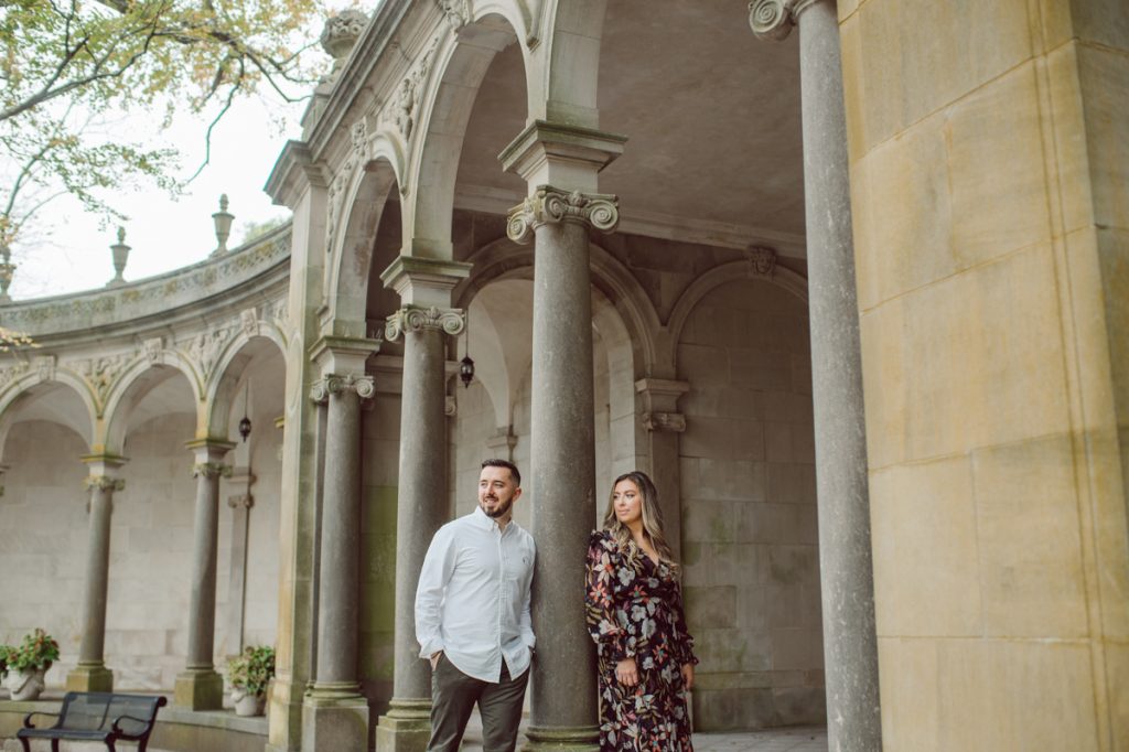 Samantha and Mike met while attending Monmouth University in West Long Branch, NJ. Sam and Mike's relationship wasn't a romantic one in the beginning but slowly they felt love for each other and one perfect day they became a couple. For their Fall engagement session, Sam and Mike decided to visit their old campus for their engagement session where it all began for them. Sam and Mike's Monmouth University Engagement photographed by NYC elopement, Hudson Valley, Catskills, NY and NJ, Farm, Adventure Wedding and Elopement Photographer Karis | Hey Karis
